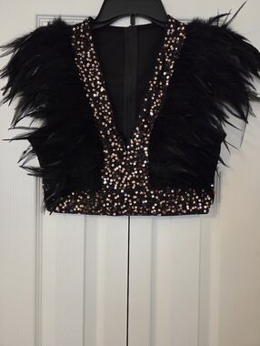 SHEIN Black Crop Top with Gold Sequin Trim and Feather Shoulders